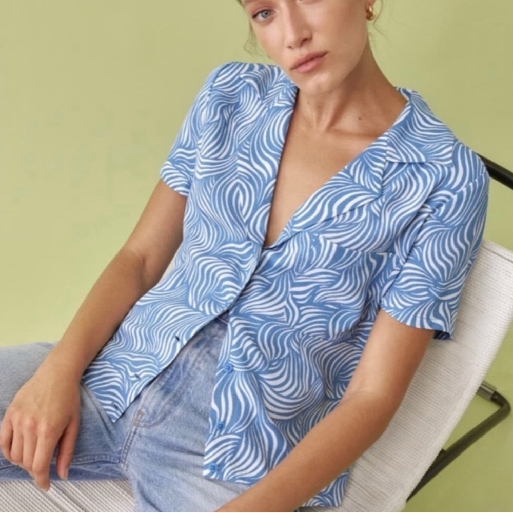 Reformation Blue and White Button Down Shirt - Cuba top